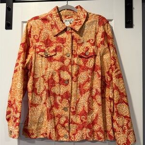 Coldwater Creek Red and Orange Patterned Linen Jacket Size 1X